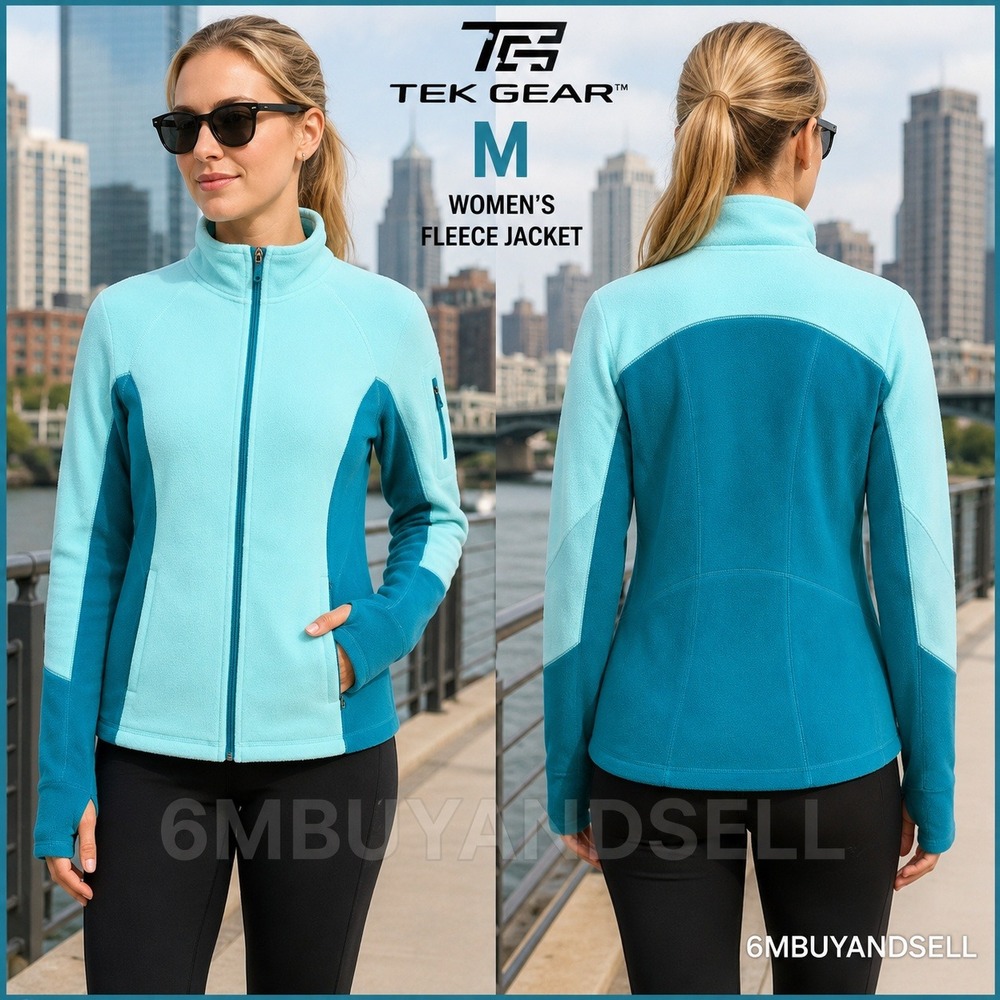 Tek Gear Womens Fleece Jacket Full Zip Teal Aqua Colorblock Thumbholes Size M